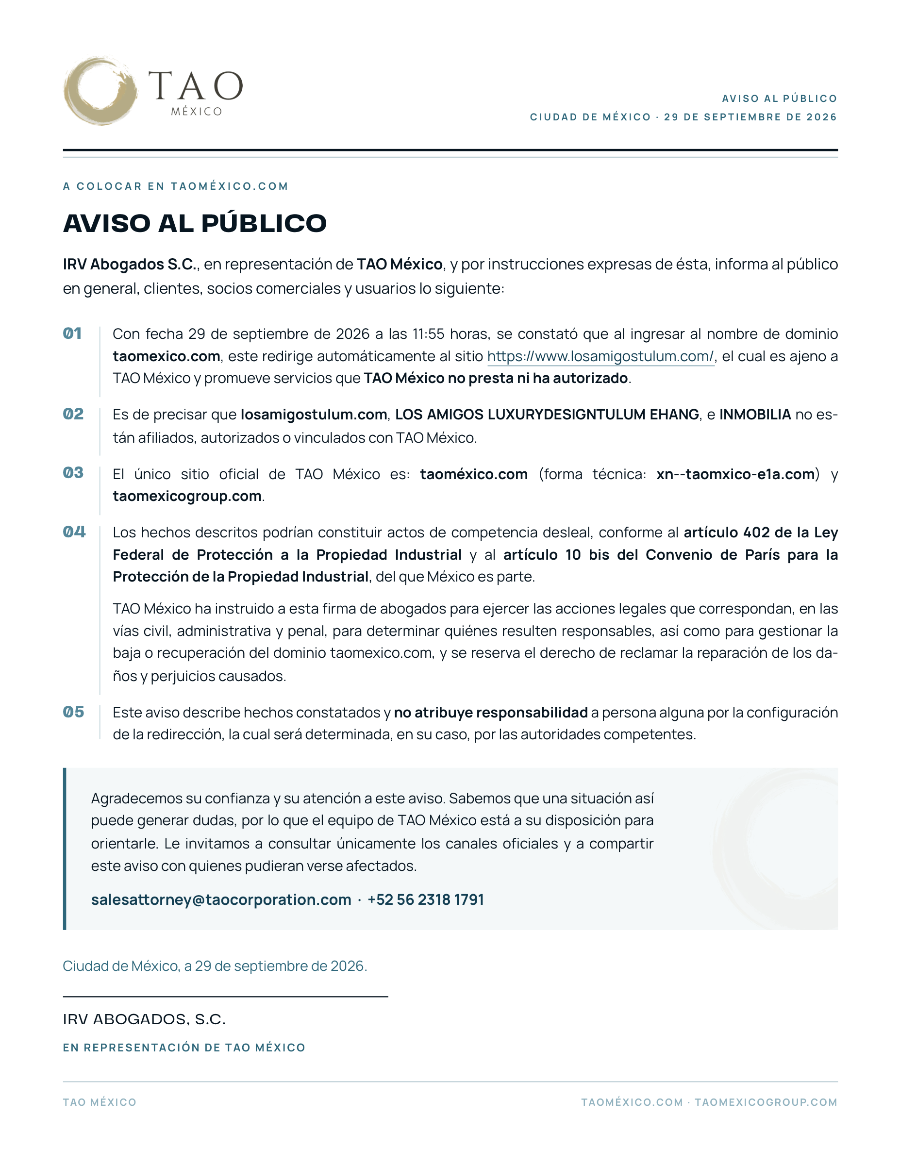 Aviso al público oficial de TAO México
